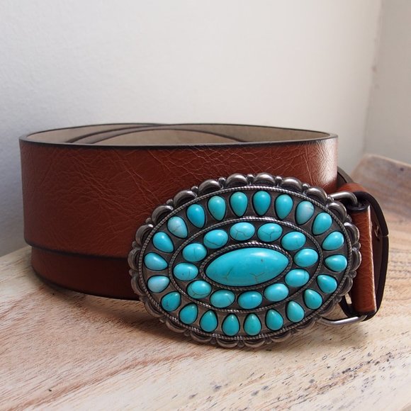 Accessories - Southwestern Flair Faux Turquoise Leather Belt 39"